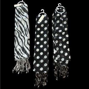 3 Black and White Patterned Scarves 2 Polka Dot and 1 Animal Print NEW WITH TAGS